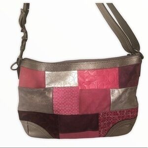 COACH f12865 rare vtg y2k pink silver suede leather embossed bag rare patchwork